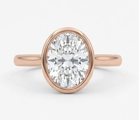 4 Ct Lab Grown Diamond Oval Bezel Set Solitaire Ring in 14K Rose Gold: Title: 4 Ct Lab Grown Diamond Oval Bezel Set Solitaire Ring in 14K Rose Gold Description: Stunning 4 carat lab grown diamond ring featuring a Oval Bezel Set Solitaire design. The center stone is