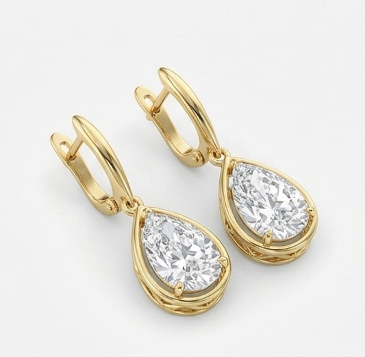 3 Ct Lab Grown Diamond Pear Shape Halo Leverbacks Ring in 14K Yellow Gold (1 of 3)