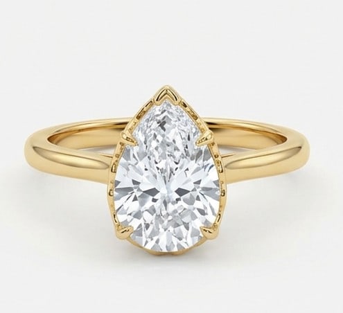 4 Ct Lab Grown Diamond Pear Shape Milgrain Bezel Solitaire Ring in 14K Yellow Gold: Title: 4 Ct Lab Grown Diamond Pear Shape Milgrain Bezel Solitaire Ring in 14K Yellow Gold Description: Stunning 4 carat lab grown diamond ring featuring a Pear Shape Milgrain Bezel Solitaire design.