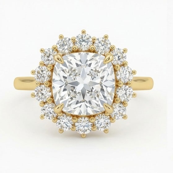 6 Ct Lab Grown Diamond Cushion Cut Sunburst Floral Halo Ring in 14K Yellow Gold: Title: 6 Ct Lab Grown Diamond Cushion Cut Sunburst Floral Halo Ring in 14K Yellow Gold Description: Stunning 6 carat lab grown diamond ring featuring a Cushion Cut Sunburst Floral Halo design. The cen