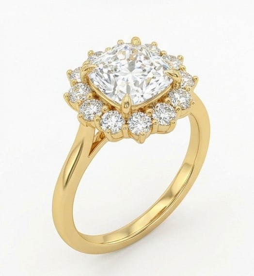 6 Ct Lab Grown Diamond Cushion Cut Sunburst Floral Halo Ring in 14K Yellow Gold - 2