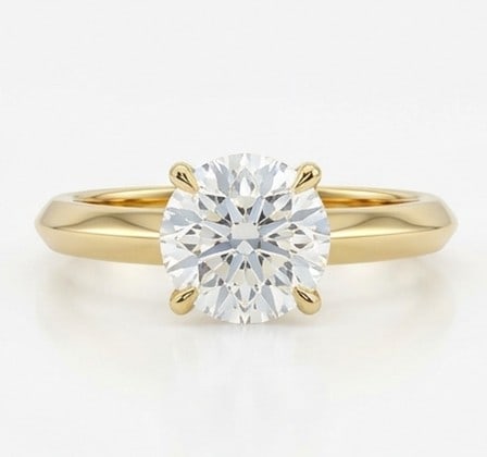 5 Ct Lab Grown Diamond Round Solitaire with Knife-Edge Band Ring in 14K Yellow Gold: Title: 5 Ct Lab Grown Diamond Round Solitaire with Knife-Edge Band Ring in 14K Yellow Gold Description: Stunning 5 carat lab grown diamond ring featuring a Round Solitaire with Knife-Edge Band design.