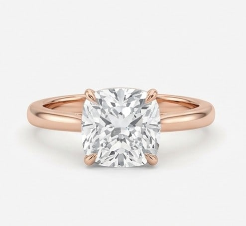 4 Ct Lab Grown Diamond Cushion Cut Solitaire Ring in 14K Rose Gold: Title: 4 Ct Lab Grown Diamond Cushion Cut Solitaire Ring in 14K Rose Gold Description: Stunning 4 carat lab grown diamond ring featuring a Cushion Cut Solitaire design. The center stone is beautifully