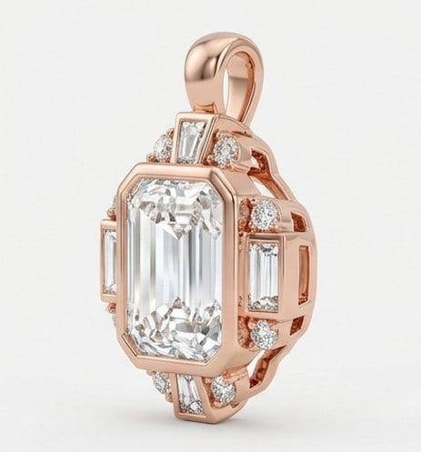 2 Ct Lab Grown Diamond Emerald Cut Art Deco Pendent Pendant in 14K Rose Gold: Title: 2 Ct Lab Grown Diamond Emerald Cut Art Deco Pendent Pendant in 14K Rose Gold Description: Stunning 2 carat lab grown diamond pendant featuring a Emerald Cut Art Deco Pendent design. The center