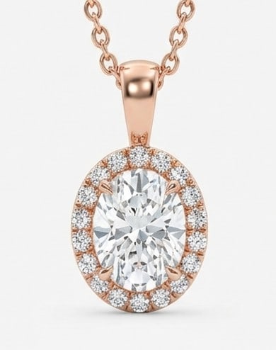 2 Ct Lab Grown Diamond Oval Halo Pendent Pendant in 14K Rose Gold: Title: 2 Ct Lab Grown Diamond Oval Halo Pendent Pendant in 14K Rose Gold Description: Stunning 2 carat lab grown diamond pendant featuring a Oval Halo Pendent design. The center stone is beautifully s