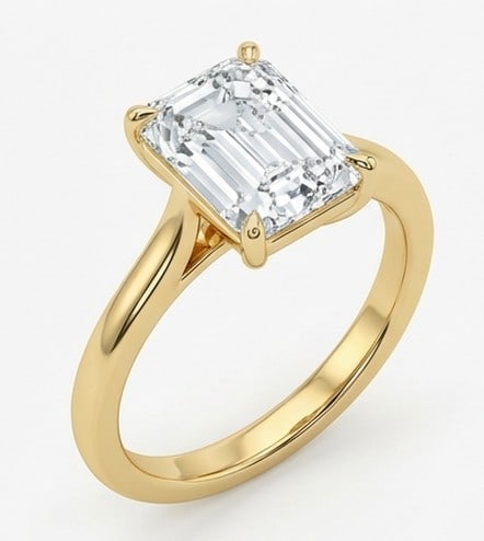 6 Ct Lab Grown Diamond Emerald Cut Solitaire Ring in 14K Yellow Gold: Title: 6 Ct Lab Grown Diamond Emerald Cut Solitaire Ring in 14K Yellow Gold Description: Stunning 6 carat lab grown diamond ring featuring a Emerald Cut Solitaire design. The center stone is beautiful
