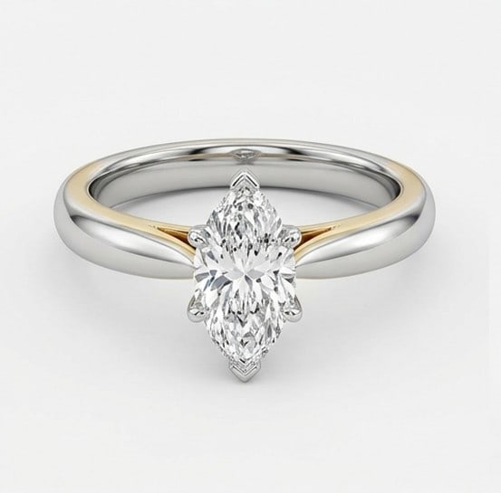 2 Ct Lab Grown Diamond Marquise Solitaire (Yellow Gold Prongs) Ring in 14K White Gold: Title: 2 Ct Lab Grown Diamond Marquise Solitaire (Yellow Gold Prongs) Ring in 14K White Gold Description: Stunning 2 carat lab grown diamond ring featuring a Marquise Solitaire (Yellow Gold Prongs) de