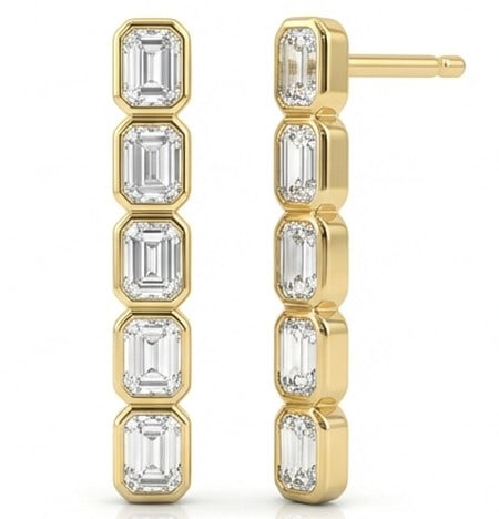 3 Ct Lab Grown Diamond Emerald Cut Bezel Linear Drops Ring in 14K Yellow Gold: Title: 3 Ct Lab Grown Diamond Emerald Cut Bezel Linear Drops Ring in 14K Yellow Gold Description: Stunning 3 carat lab grown diamond ring featuring a Emerald Cut Bezel Linear Drops design. The center
