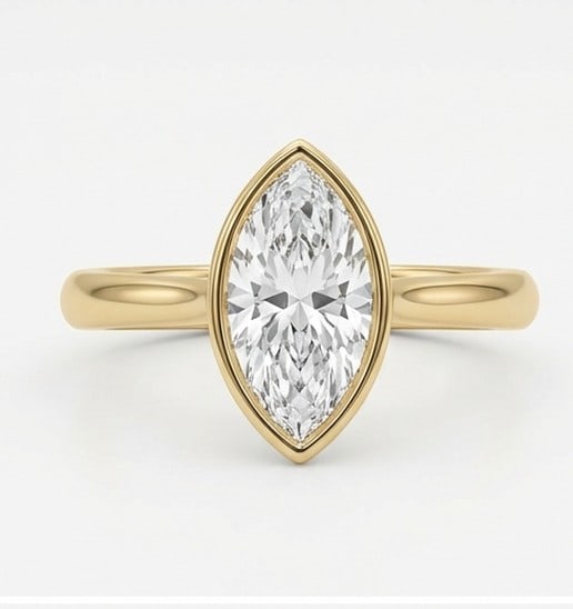 4 Ct Lab Grown Diamond Marquise Bezel Set Solitaire Ring in 14K Yellow Gold: Title: 4 Ct Lab Grown Diamond Marquise Bezel Set Solitaire Ring in 14K Yellow Gold Description: Stunning 4 carat lab grown diamond ring featuring a Marquise Bezel Set Solitaire design. The center ston