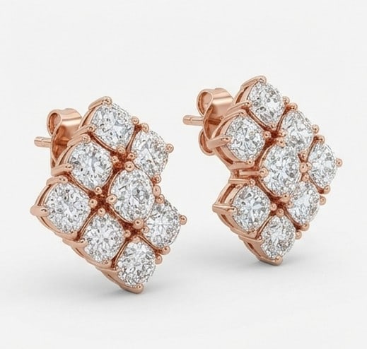 2 Ct Lab Grown Diamond Cushion Cut Cluster Studs Ring in 14K Rose Gold: Title: 2 Ct Lab Grown Diamond Cushion Cut Cluster Studs Ring in 14K Rose Gold Description: Stunning 2 carat lab grown diamond ring featuring a Cushion Cut Cluster Studs design. The center stone is bea