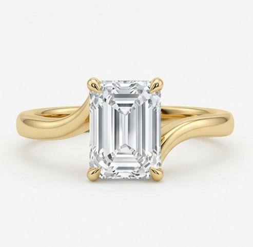 8 Ct Lab Grown Diamond Emerald Cut Bypass Solitaire Ring in 14K Yellow Gold: Title: 8 Ct Lab Grown Diamond Emerald Cut Bypass Solitaire Ring in 14K Yellow Gold Description: Stunning 8 carat lab grown diamond ring featuring a Emerald Cut Bypass Solitaire design. The center ston