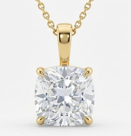 5 Ct Lab Grown Diamond Cushion Cut Solitaire Pendant in 14K Yellow Gold: Title: 5 Ct Lab Grown Diamond Cushion Cut Solitaire Pendant in 14K Yellow Gold Description: Stunning 5 carat lab grown diamond pendant featuring a Cushion Cut Solitaire design. The center stone is bea