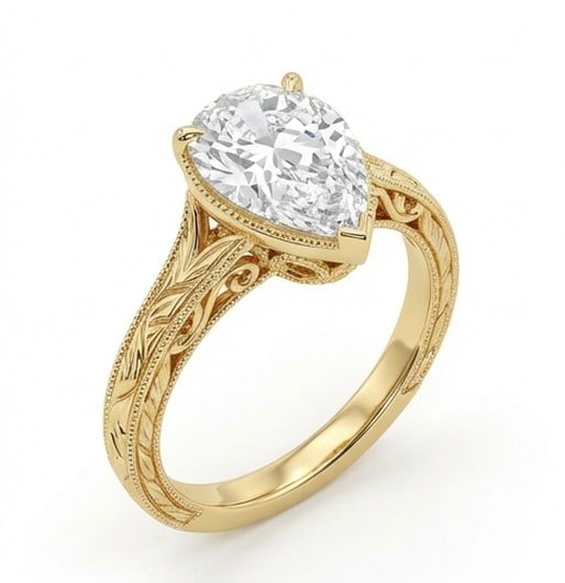 5 Ct Lab Grown Diamond Pear Shape Vintage Engraved Solitaire Ring in 14K Yellow Gold - 3