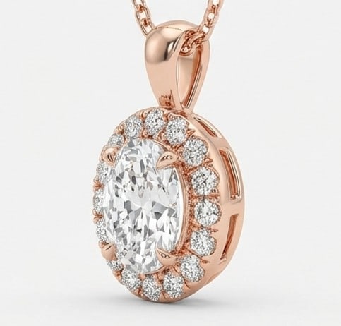 3 Ct Lab Grown Diamond Oval Halo Pendent Pendant in 14K Rose Gold: Title: 3 Ct Lab Grown Diamond Oval Halo Pendent Pendant in 14K Rose Gold Description: Stunning 3 carat lab grown diamond pendant featuring a Oval Halo Pendent design. The center stone is beautifully s