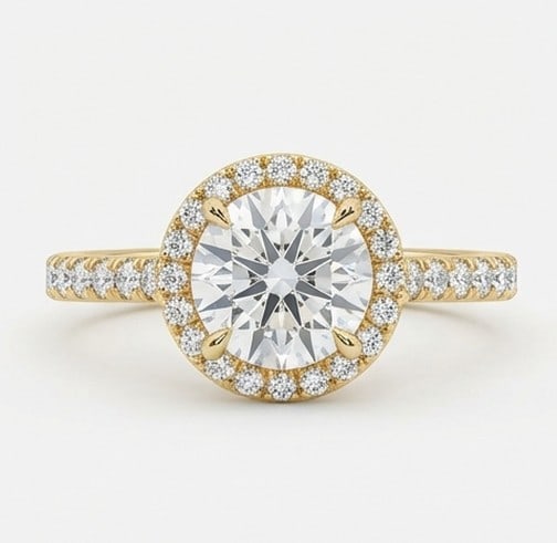 4 Ct Lab Grown Diamond Round Halo with Pave Band Ring in 14K Yellow Gold: Title: 4 Ct Lab Grown Diamond Round Halo with Pave Band Ring in 14K Yellow Gold Description: Stunning 4 carat lab grown diamond ring featuring a Round Halo with Pave Band design. The center stone is b