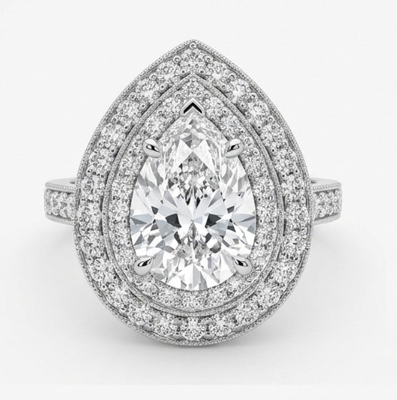4 Ct Lab Grown Diamond Pear Shape Double Halo (Vintage) Ring in 14K White Gold - 2
