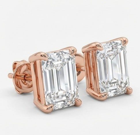 3 Ct Lab Grown Diamond Emerald Cut Studs Ring in 14K Rose Gold: Title: 3 Ct Lab Grown Diamond Emerald Cut Studs Ring in 14K Rose Gold Description: Stunning 3 carat lab grown diamond ring featuring a Emerald Cut Studs design. The center stone is beautifully showcas