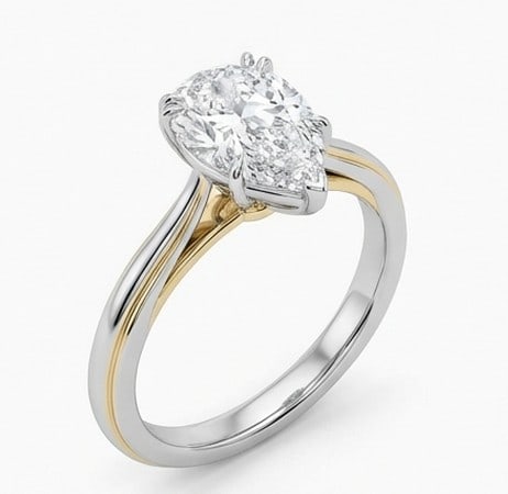 4 Ct Lab Grown Diamond Pear Shape Solitaire (Yellow Gold Inlay) Ring in 14K White Gold: Title: 4 Ct Lab Grown Diamond Pear Shape Solitaire (Yellow Gold Inlay) Ring in 14K White Gold Description: Stunning 4 carat lab grown diamond ring featuring a Pear Shape Solitaire (Yellow Gold Inlay)