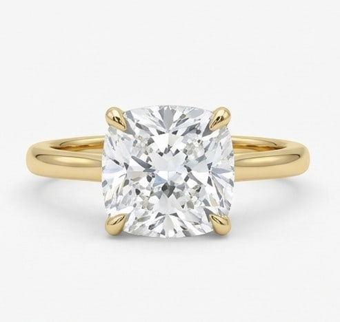 8 Ct Lab Grown Diamond Cushion Cut Solitaire Ring in 14K Yellow Gold: Title: 8 Ct Lab Grown Diamond Cushion Cut Solitaire Ring in 14K Yellow Gold Description: Stunning 8 carat lab grown diamond ring featuring a Cushion Cut Solitaire design. The center stone is beautiful