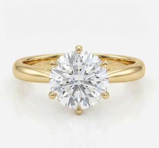 5 Ct Lab Grown Diamond Round Six-Prong Classic Solitaire Ring in 14K Yellow Gold: Title: 5 Ct Lab Grown Diamond Round Six-Prong Classic Solitaire Ring in 14K Yellow Gold Description: Stunning 5 carat lab grown diamond ring featuring a Round Six-Prong Classic Solitaire design. The c