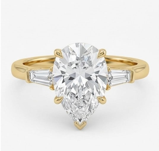 6 Ct Lab Grown Diamond Pear Shape with Tapered Baguettes Ring in 14K Yellow Gold (1 of 4)
