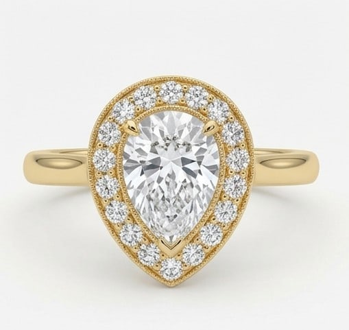 4 Ct Lab Grown Diamond Pear Shape Halo with Milgrain Edge Ring in 14K Yellow Gold: Title: 4 Ct Lab Grown Diamond Pear Shape Halo with Milgrain Edge Ring in 14K Yellow Gold Description: Stunning 4 carat lab grown diamond ring featuring a Pear Shape Halo with Milgrain Edge design.