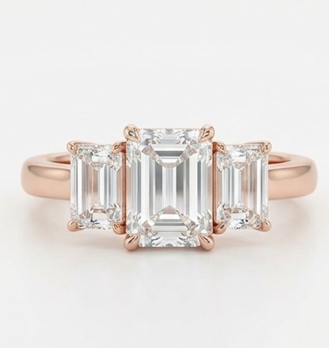 7 Ct Lab Grown Diamond Emerald Cut Three-Stone Ring in 14K Rose Gold: Title: 7 Ct Lab Grown Diamond Emerald Cut Three-Stone Ring in 14K Rose Gold Description: Stunning 7 carat lab grown diamond ring featuring a Emerald Cut Three-Stone design. The center stone is beautif