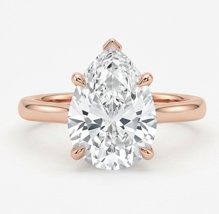 7 Ct Lab Grown Diamond Pear Shape Solitaire with V-Prong Ring in 14K Rose Gold: Title: 7 Ct Lab Grown Diamond Pear Shape Solitaire with V-Prong Ring in 14K Rose Gold Description: Stunning 7 carat lab grown diamond ring featuring a Pear Shape Solitaire with V-Prong design. The cen
