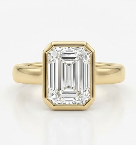 6 Ct Lab Grown Diamond Emerald Cut Bold Bezel Solitaire Ring in 14K Yellow Gold: Title: 6 Ct Lab Grown Diamond Emerald Cut Bold Bezel Solitaire Ring in 14K Yellow Gold Description: Stunning 6 carat lab grown diamond ring featuring a Emerald Cut Bold Bezel Solitaire design. The cen