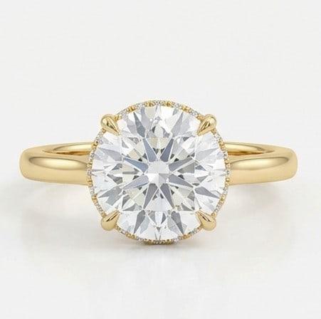 7 Ct Lab Grown Diamond Round Solitaire with Hidden Detail Ring in 14K Yellow Gold: Title: 7 Ct Lab Grown Diamond Round Solitaire with Hidden Detail Ring in 14K Yellow Gold Description: Stunning 7 carat lab grown diamond ring featuring a Round Solitaire with Hidden Detail design. The
