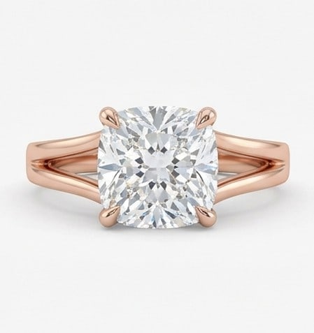 8 Ct Lab Grown Diamond Cushion Cut with Split Shank Ring in 14K Rose Gold: Title: 8 Ct Lab Grown Diamond Cushion Cut with Split Shank Ring in 14K Rose Gold Description: Stunning 8 carat lab grown diamond ring featuring a Cushion Cut with Split Shank design. The center stone