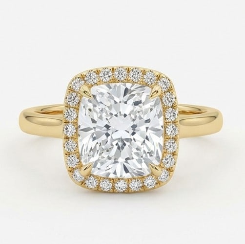 5 Ct Lab Grown Diamond Cushion Cut Halo with Plain Band Ring in 14K Yellow Gold (1 of 4)