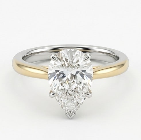 6 Ct Lab Grown Diamond Pear Shape Solitaire (Mixed Metal) Ring in 14K White Gold: Title: 6 Ct Lab Grown Diamond Pear Shape Solitaire (Mixed Metal) Ring in 14K White Gold Description: Stunning 6 carat lab grown diamond ring featuring a Pear Shape Solitaire (Mixed Metal) design. The