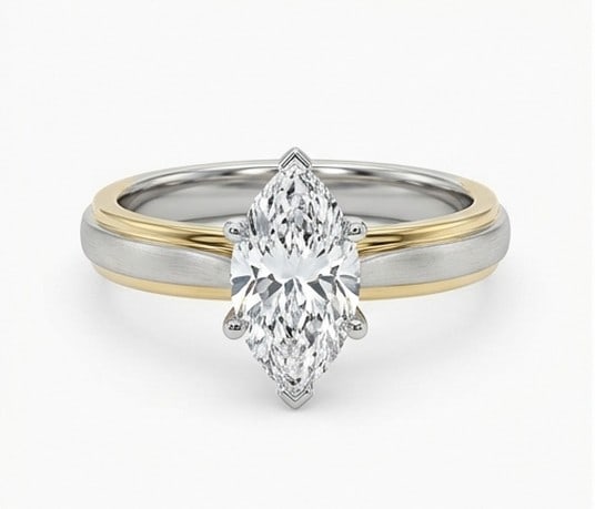 3 Ct Lab Grown Diamond Marquise Solitaire (Yellow Gold Accents) Ring in 14K White Gold: Title: 3 Ct Lab Grown Diamond Marquise Solitaire (Yellow Gold Accents) Ring in 14K White Gold Description: Stunning 3 carat lab grown diamond ring featuring a Marquise Solitaire (Yellow Gold Accents)