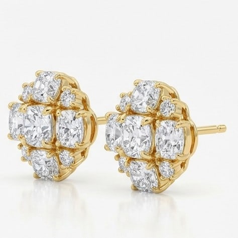 2 Ct Lab Grown Diamond Cushion Cut Cluster Floral Studs Ring in 14K Yellow Gold: Title: 2 Ct Lab Grown Diamond Cushion Cut Cluster Floral Studs Ring in 14K Yellow Gold Description: Stunning 2 carat lab grown diamond ring featuring a Cushion Cut Cluster Floral Studs design. The cen
