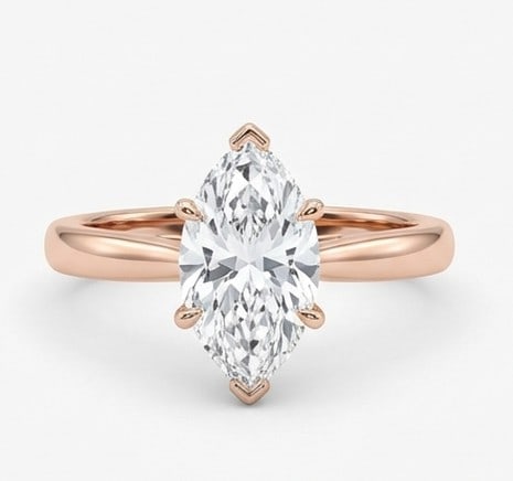 2 Ct Lab Grown Diamond Marquise Solitaire with V-Prongs Ring in 14K Rose Gold: Title: 2 Ct Lab Grown Diamond Marquise Solitaire with V-Prongs Ring in 14K Rose Gold Description: Stunning 2 carat lab grown diamond ring featuring a Marquise Solitaire with V-Prongs design. The cente