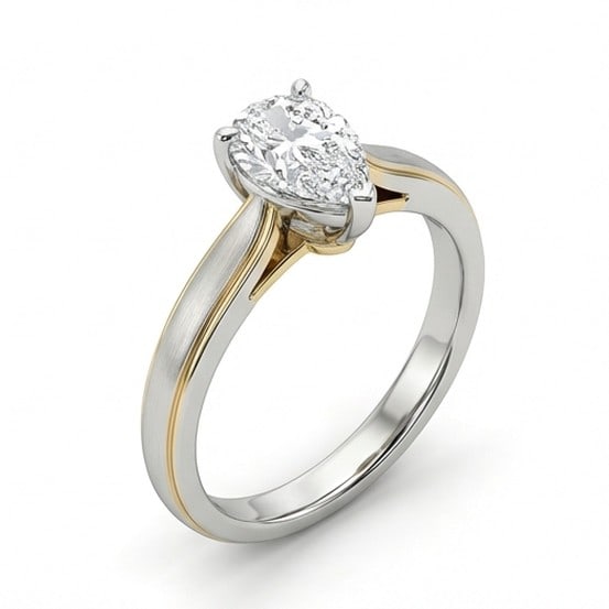 4 Ct Lab Grown Diamond Pear Shape Solitaire (Yellow Gold Detail) Ring in 14K White Gold: Title: 4 Ct Lab Grown Diamond Pear Shape Solitaire (Yellow Gold Detail) Ring in 14K White Gold Description: Stunning 4 carat lab grown diamond ring featuring a Pear Shape Solitaire (Yellow Gold