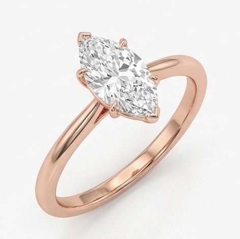 3 Ct Lab Grown Diamond Marquise Petite Solitaire Ring in 14K Rose Gold: Title: 3 Ct Lab Grown Diamond Marquise Petite Solitaire Ring in 14K Rose Gold Description: Stunning 3 carat lab grown diamond ring featuring a Marquise Petite Solitaire design. The center stone is bea