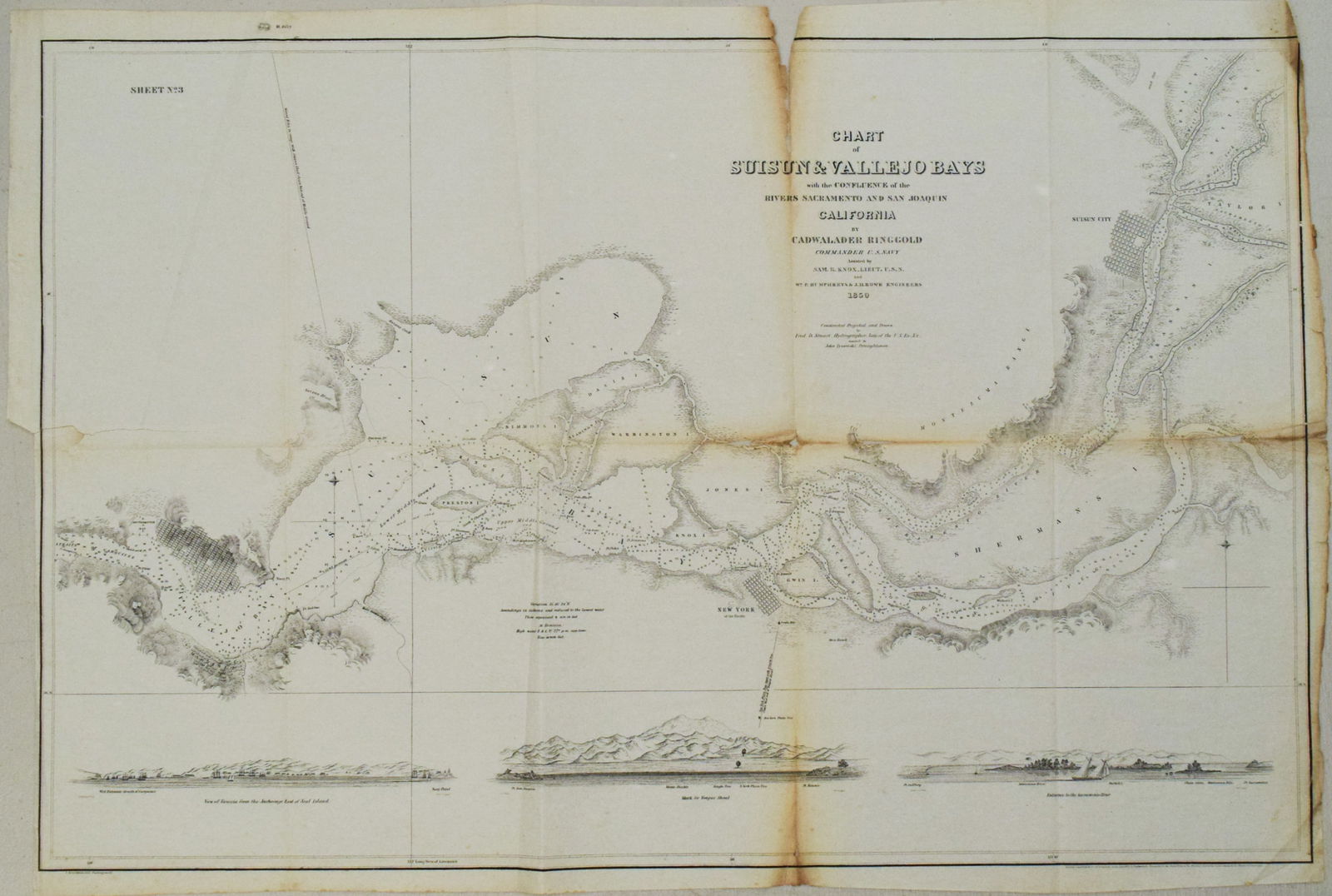 1850 Sacramento and San Joaquin Rivers Chart -- Chart of Suisun & Vallejo Bays with the Confluence: Title:1850 Sacramento and San Joaquin Rivers Chart -- Chart of Suisun & Vallejo Bays with the Confluence of the Rivers Sacramento and San Joaquin California", Ringgold, CadwaladerCartographer:C