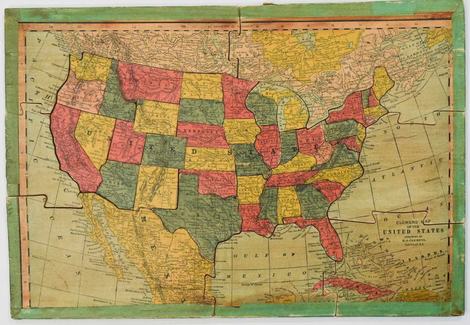 1890 c. Clemens Wooden Puzzle Map of the US -- Clemens' Silent Teacher Dissected Map of the United (1 of 3)