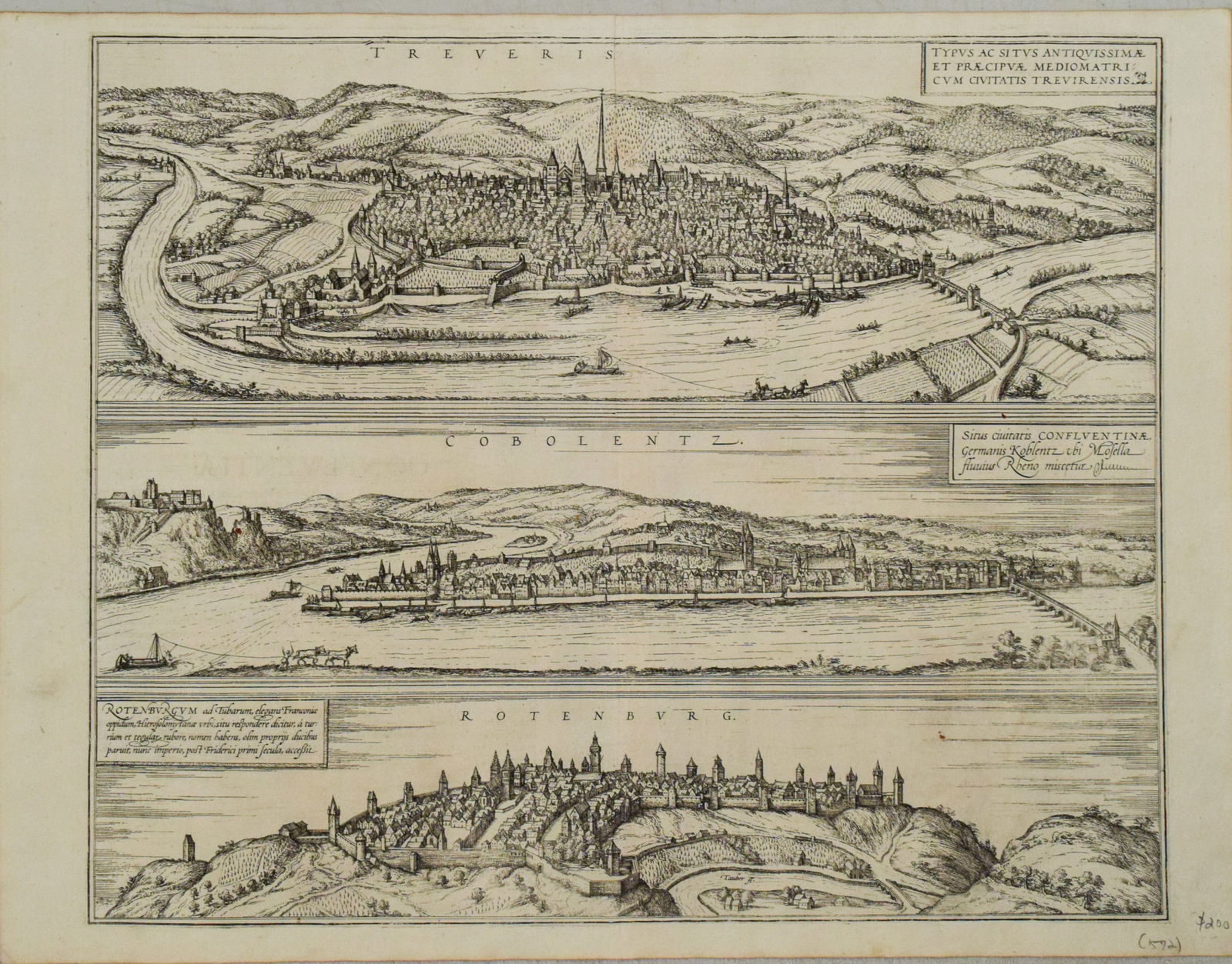 1572 Braun and Hogenberg Views of Trier, Koblenz and Rothenburg on One Sheet --Treveris [and] (1 of 1)