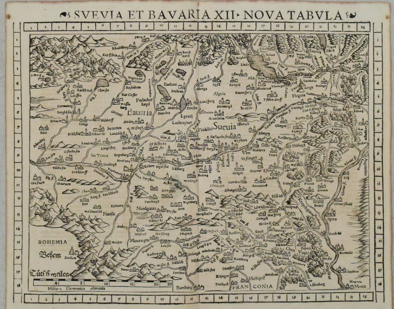 1552 Munster Map of Southern Germany and Switzerland -- Suevia et Bavaria XII Nova Tabula (1 of 1)