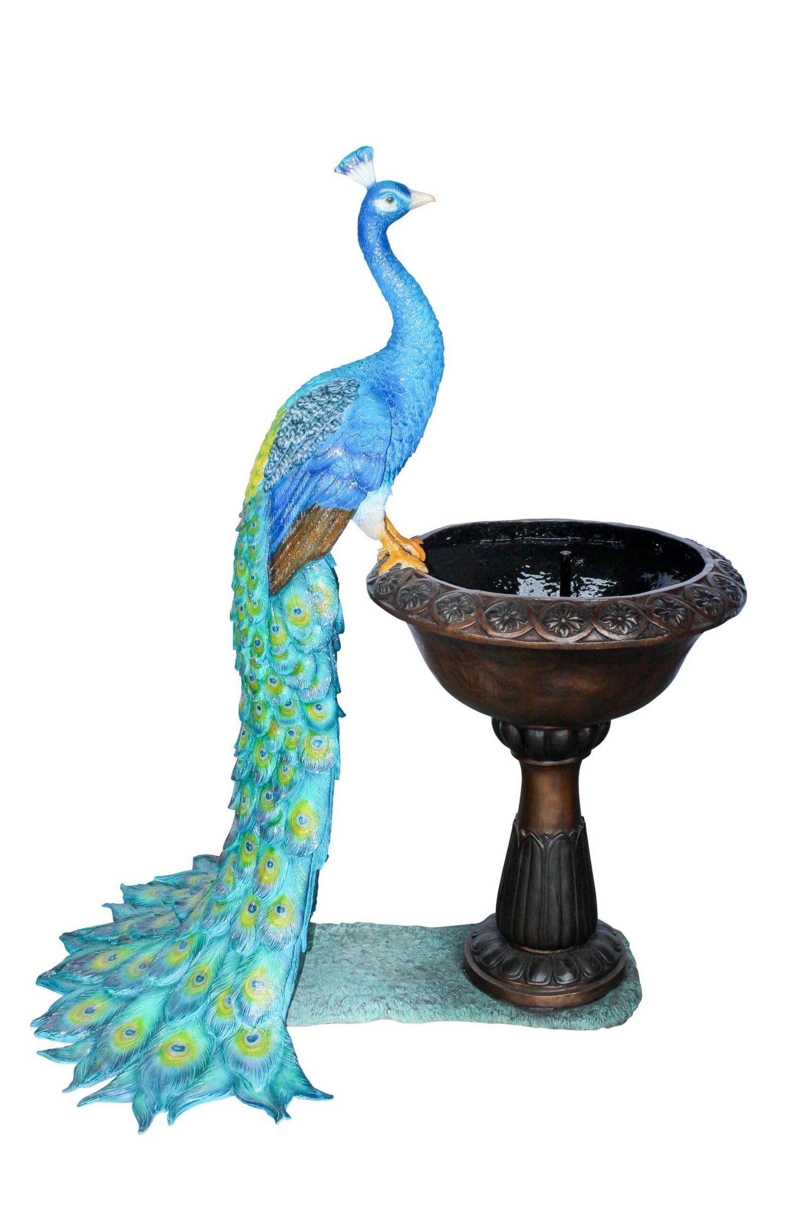 Bronze Peacock Fountain Sculpture with Decorative Bowl: Title:Bronze Peacock Fountain Sculpture with Decorative BowlDescription:This bronze peacock fountain showcases expert craftsmanship using the traditional lost wax method. A stunning peacock stands