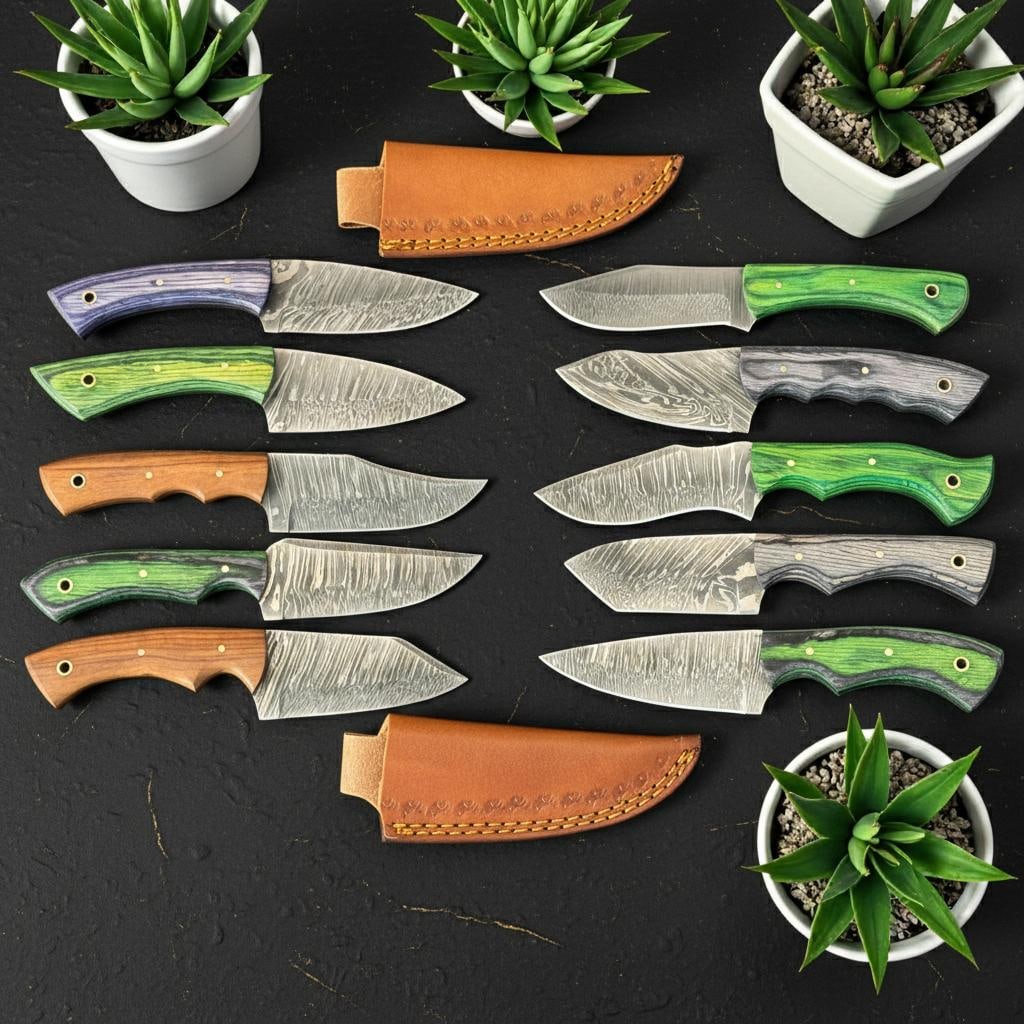 Set of 10 Damascus Steel Hunting Knives with Pakka Wood Handles Skinner Style: Title:Set of 10 Damascus Steel Hunting Knives with Pakka Wood Handles Skinner StyleDescription:This offering includes a lot of 10 hand-forged hunting knives, a versatile set for outdoor enthusiasts