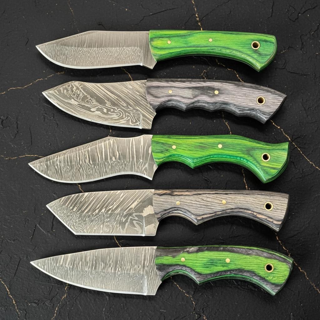 Set of 10 Damascus Steel Hunting Knives with Pakka Wood Handles Skinner Style - 3