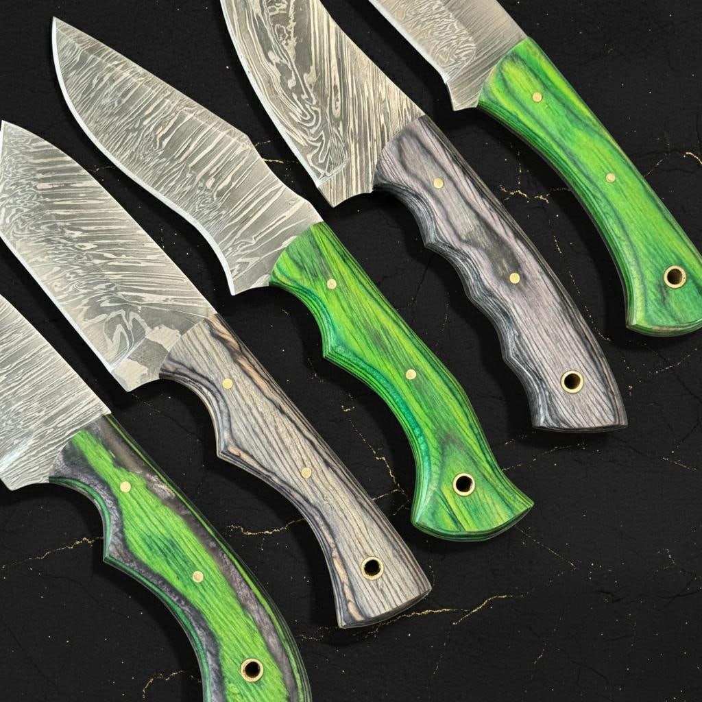 Set of 10 Damascus Steel Hunting Knives with Pakka Wood Handles Skinner Style - 6
