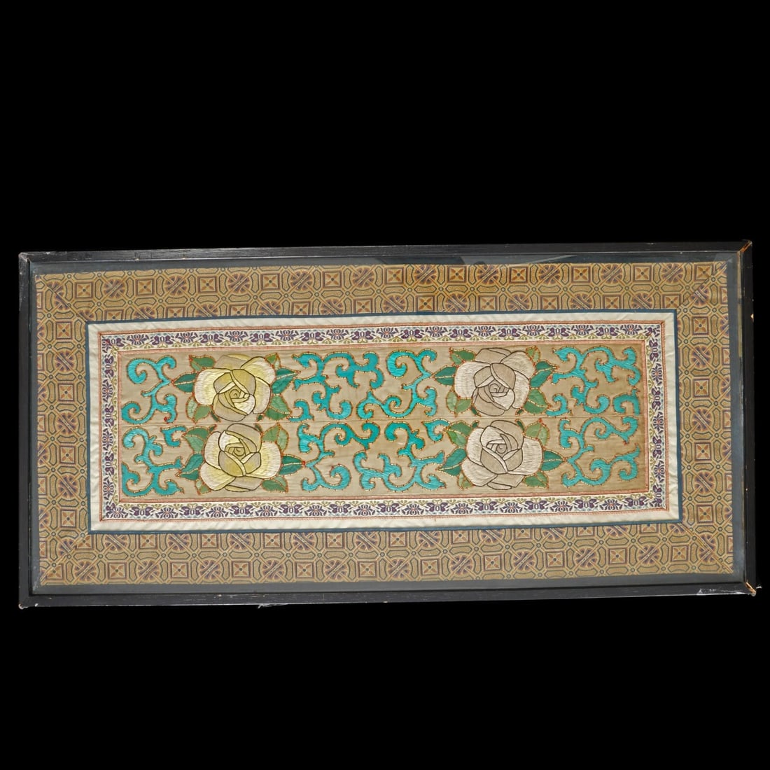 1920s Chinese Silk Rose Robe Sleeve Bands: Title:1920s Chinese Silk Rose Robe Sleeve BandsSize:22 3/4 in (57.8 cm) long x 10 7/8 in (27.6 cm) wide.Description:A tightly hand embroidered pair of sleeve bands that have been framed together with