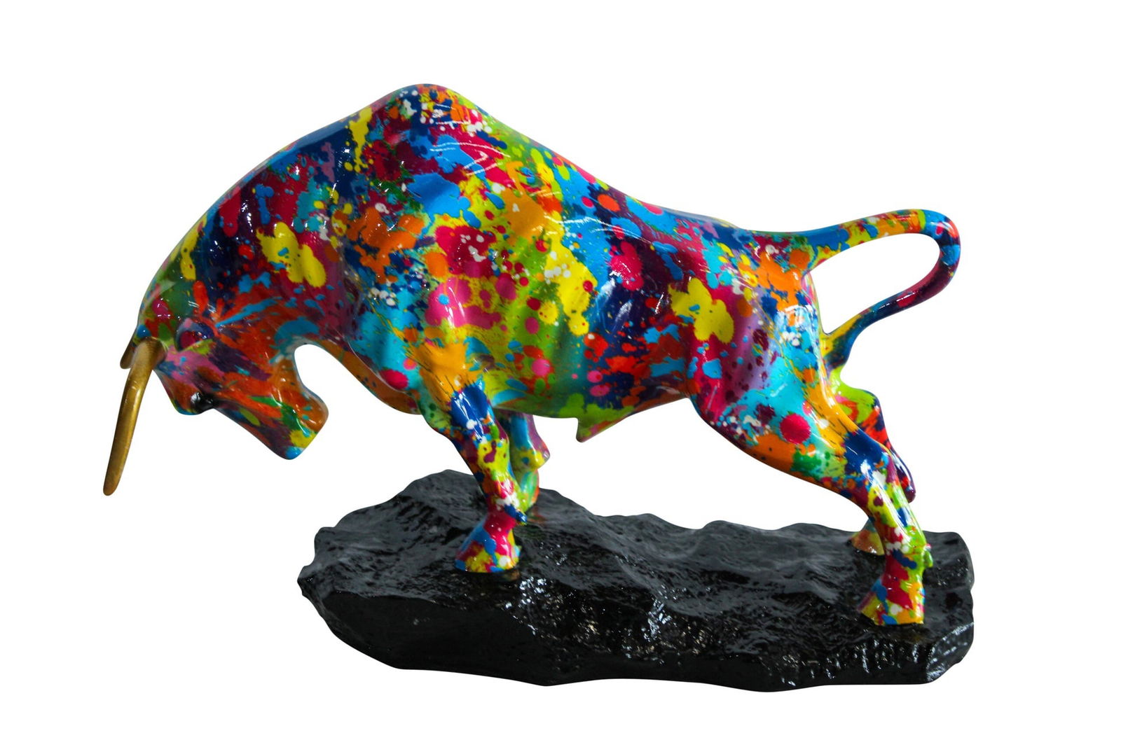 Resin Bull Statue - Colorful Indoor/Outdoor Charging Bull Sculpture, Vibrant Splatter Art Finish: Title:Resin Bull Statue - Colorful Indoor/Outdoor Charging Bull Sculpture, Vibrant Splatter Art Finish with Gold Horns, Modern Pop Art Animal Figurine for Homes, Offices & Gallery Decor 14" x 4" x