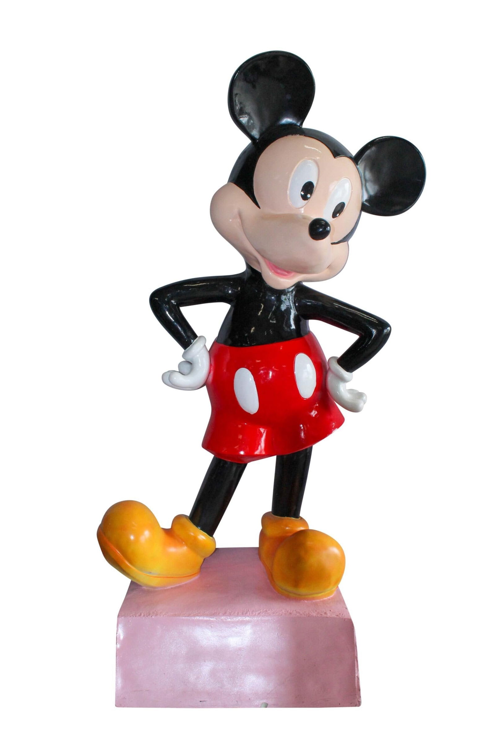 Large Cartoon Mouse Statue Holding Flower Bouquet 35" x 26" x 73"H: Title:Large Cartoon Mouse Statue Holding Flower Bouquet 35" x 26" x 73"HDescription:Oversized cartoon mouse character statue in classic red and black outfit, with yellow shoes and a gold flower
