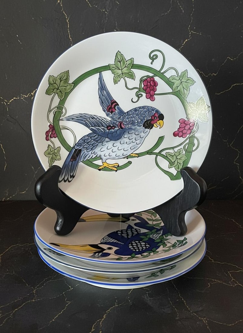 Philippe DeShoulieres Toucan & Parrot Porcelain Appetizer Plates Set of 4 Cobalt: Title:Philippe DeShoulieres Toucan & Parrot Porcelain Appetizer Plates Set of 4 CobaltDescription:This is a beautiful set of four canape or appetizer plates by Philippe DeShoulieres. Crafted from